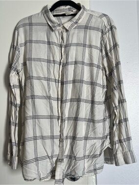 H&M White Button-Down Plaid Shirt with Black Windowpane